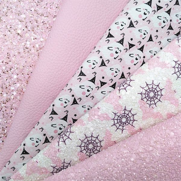 Halloween Pink Glitter Leather Sheets Felt Backing Ghosts printed Glitter Faux leather For Bows Earrings DIY 21X29CM W597