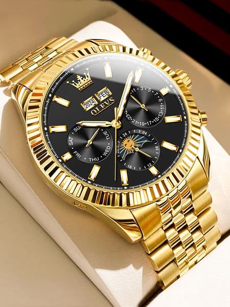 OLEVS Fashion Automatic Mechanica Watch for Men Golden Stainless Steel Strap Waterproof Wristwatch with Date Luminous Hands