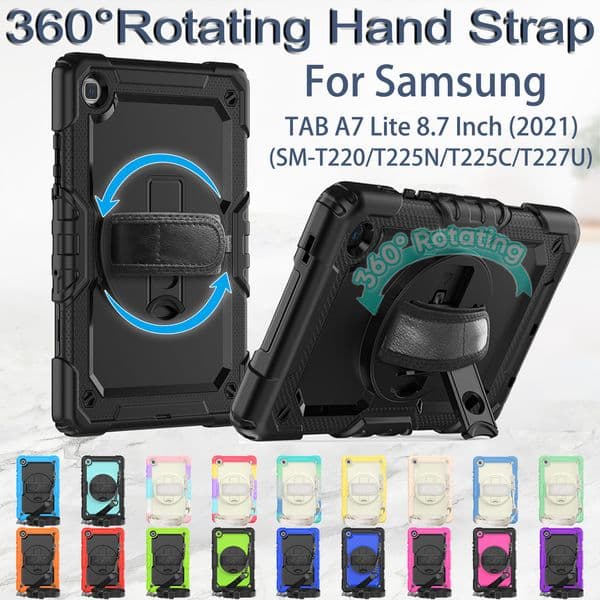 Case For Samsung Galaxy TAB A7 lite A9 8.7 inch Hand Strap 360 Rotating Stand Cover Hybrid Silicone + PC Shockproof Kids Tablet Cases with Pencil Holder Shoulder Strap