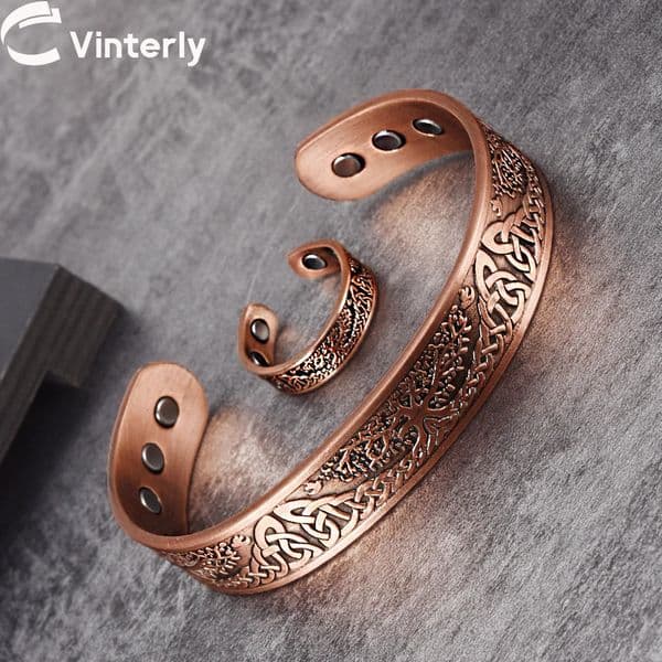 Magnetic Pure Copper Jewelry-Set Yggdrasil Adjustable Vintage Bracelet Ring Resizable Health Viking Jewelry Set for Women Men 250712