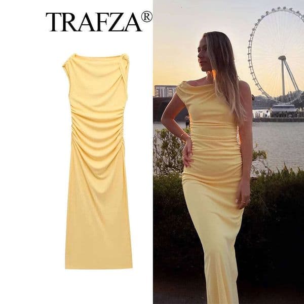 TRAFZA Spring New Women's Fashion Slim Asymmetric Midi Dress B5