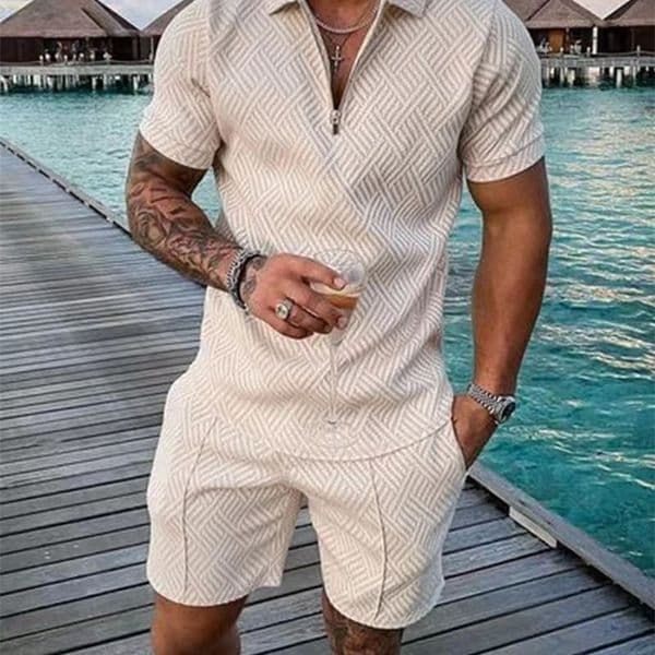 Summer Mens Shorts Set Short Sleeve Zip Polo Shirt Street T-shirt Two Piece Casual Sportswear 250707