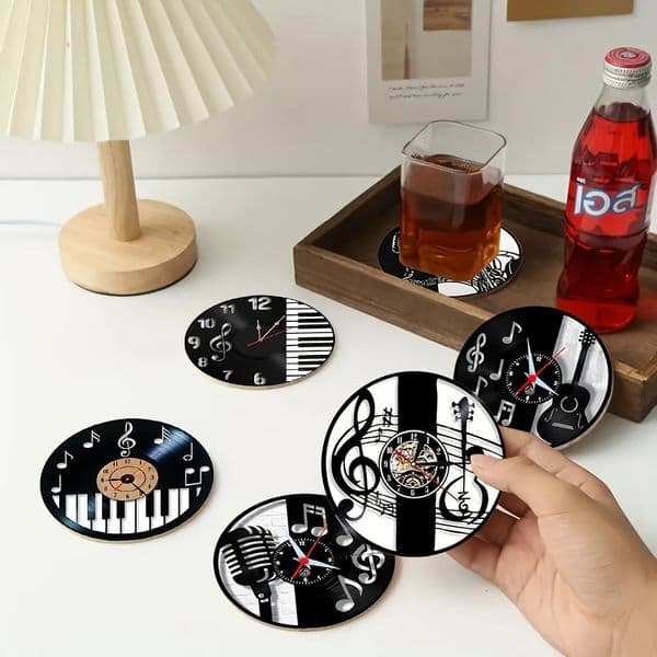 Set of 6 2D Musical Clock Wooden Coasters NonSlip Heat Resistant Table Runner Home Office Cafe Bar Kitchen Restaurant Decoration 250711BJ