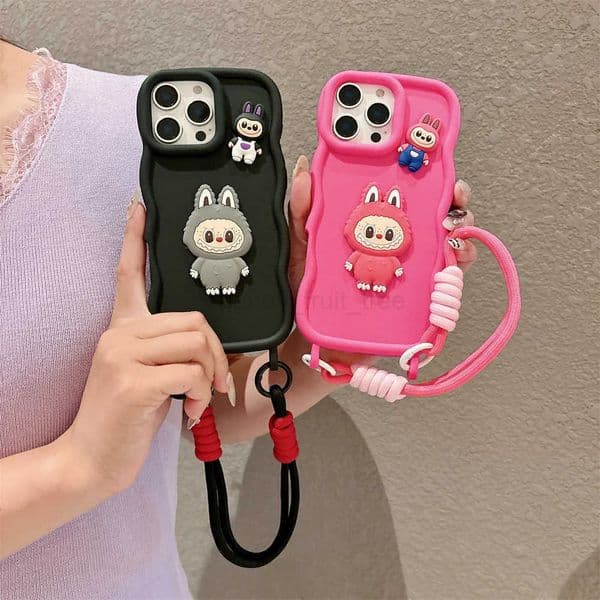 3D Cute Cartoon Animals Silicone Soft Phone Case with Wrist Strap for iPhone 16 Pro Max 15 14 13 Wave Edge Frame Candy Cover T250716