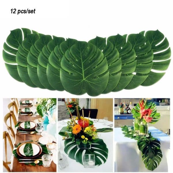 12pcs 35cm Hawaii Plant Table Mat Tableware Artificial Palm Leaves Summer Tropical Wedding Party Table Decoration 250709BJ