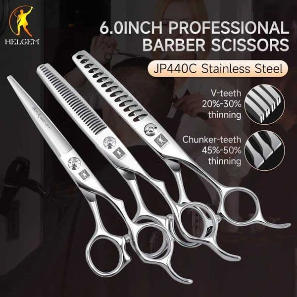 Helgem Professional JP440C Barber Scissors Set Flat Thinning Chunker Shears for Hair Trimming W250716