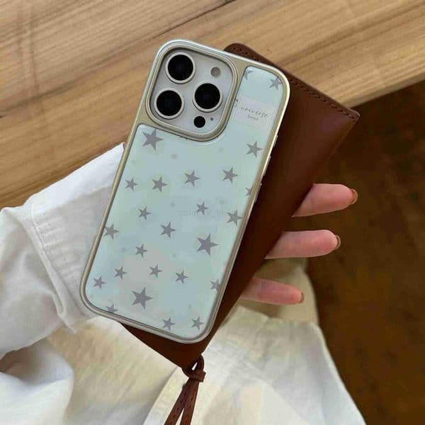 Full Screen Gray Five Pointed Star Gray Wave Point Mint Blue Cover Case for iPhone 13 14 15 16 Pro Max Glossy Shockproof Phone M250716