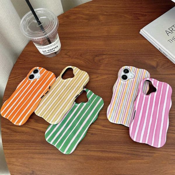 2 in 1 Fashion Glossy Stripes Phone Case for iPhone 13 14 15 16 Pro Max Wave Edges Comfortable Touch Hard Slim Back Cover Shell T250716