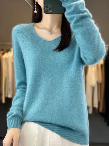 Fashion100% Merino Wool Sweater Cashmere Pullover Women Knitwear V-Neck Long Sleeve Autumn Winter Fashion Basic Clothing Tops 250715BJ