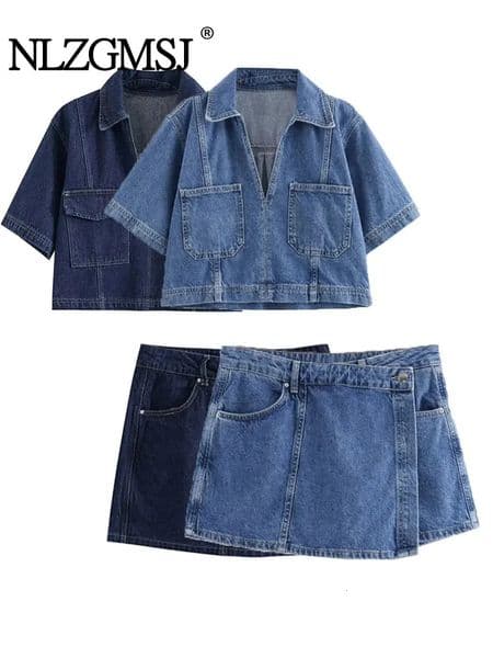 2024 Summer Denim Two Piece Set Short Sleeves Pocket Women Top Mini Skirt Shorts Fashion Casual Lady 2 Sets Y2K 250714BANJIA