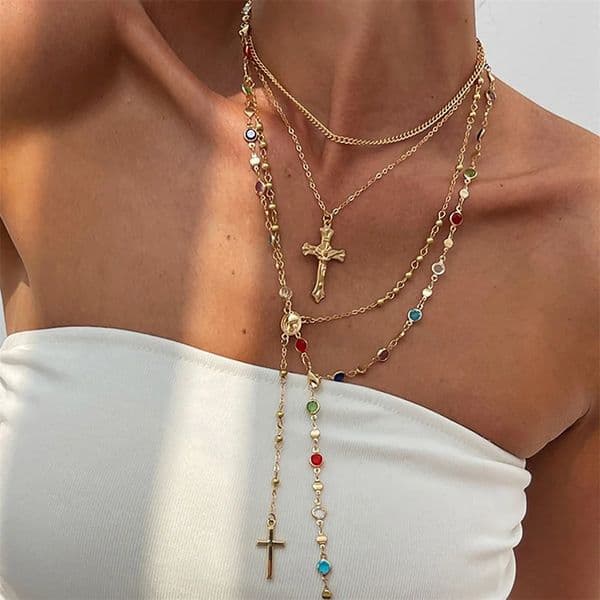 3Pcs Unique Cross Pendant Necklace Set for Women Simple Crystal Necklace Sweater Chain Long Y-shaped Necklace Y2K Party Jewelry 250715