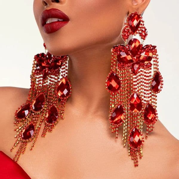 Stonefans Red Tassel Earrings Long Dangle Sparkly Elegant for Women Bohemian Exaggerated Jewelry Crystal Accessories Gift 250716