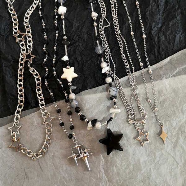 Kpop Goth Vintage Cool Y2K Star Pendant Beaded Silver Color Chain Necklace For Women Men Aesthetic Grunge EMO Jewelry Accessory W250528