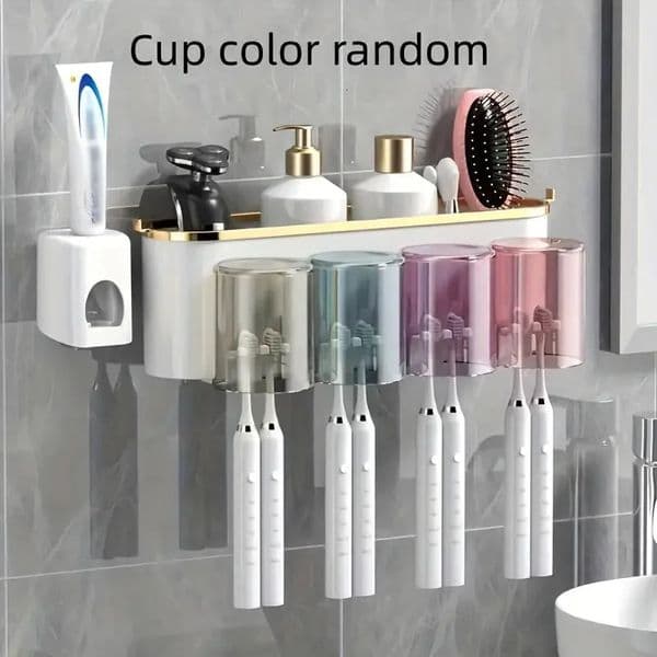 1 Set Multifunctional Toothbrush Rack and Mug Holder Wall Mounted Toothpaste Mouthwash Storage with Squeezer 250716BJ