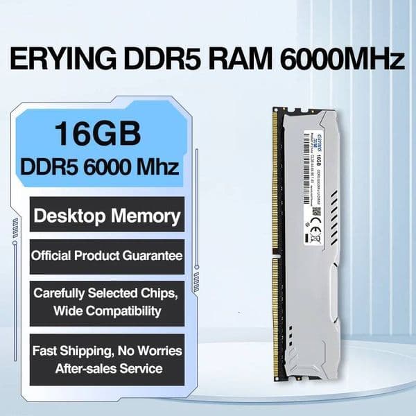 (1Piece)Erying Desktop Computer Memory DDR5 16GB 6000Mhz Dimm High Speed Gaming Ram XMP Overclocking Memoria with Heatsink