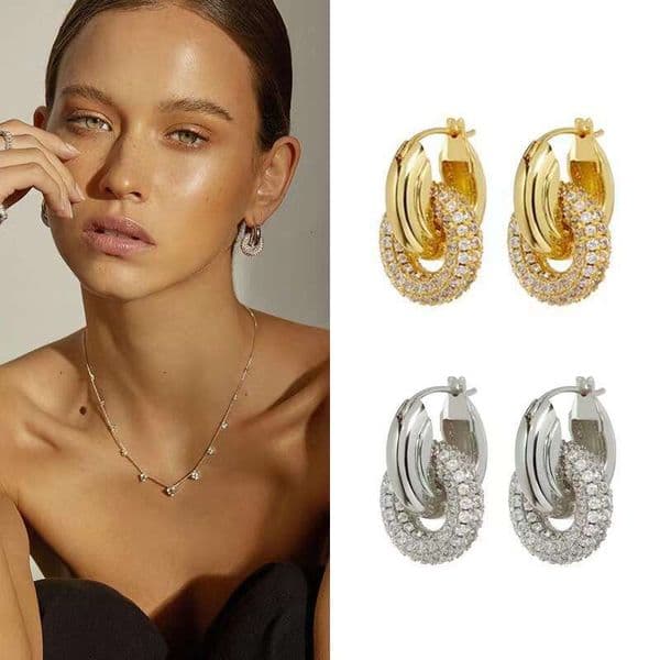Lock Buckle Zircon Hoop Earrings Gold Plated Copper Micro Inlaid