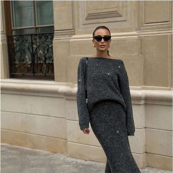 New Lazy Style Loose Top + Mermaid Skirt For Women Round Neck Knitted Sequin Set Shiny B5