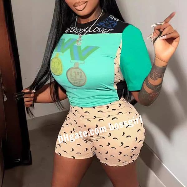 Women Tracksuits Two Pieces Set Designer New Fashion Color Block Short Sleeve Printed Shorts Set Sportwear 11 Colours