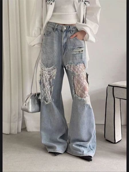 Summer Womens Large Hole Patchwork Lace Jeans High Waist Wide Legs Trousers Cool Girl Casual Bottoms Female Denim Pants 250715