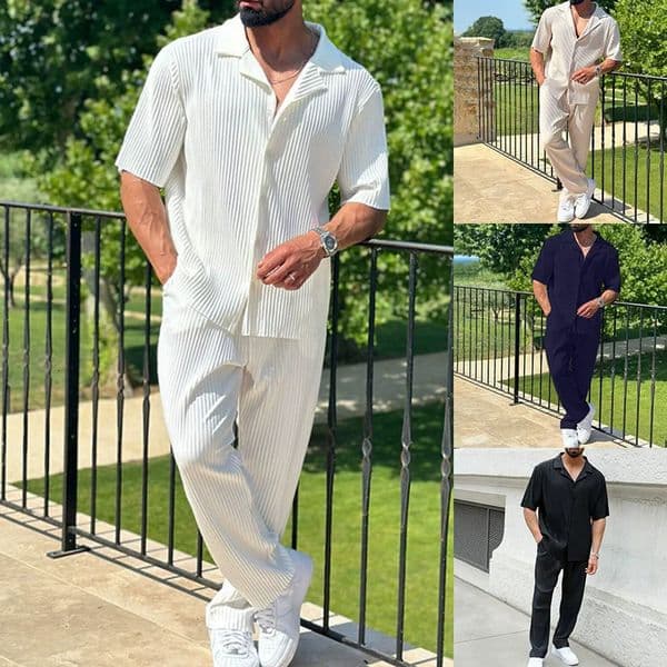 Summer Fashion Casual Loose Mens Button Open Shirt Short Sleeve Pants Set Home Vacation Thin Breathable Quick Drying 2piece Set 250715