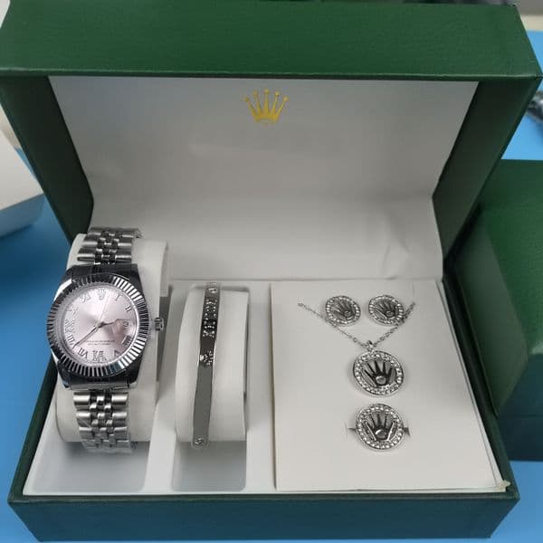 Five piece watch and jewelry set, classic log 36mm stainless steel with luminous quartz for women and men