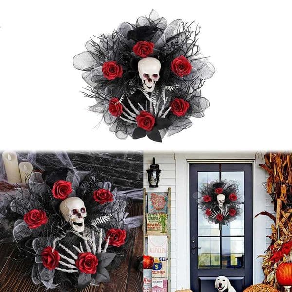 Halloween Wreath Scary Red Rose Wreath Halloween Skeleton Wreath for Haunted Mansion Halloween and Party Supplies Z250718