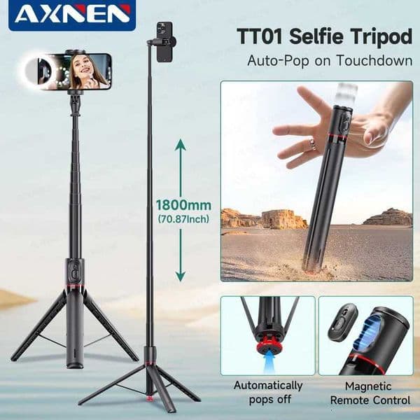 AXNEN Automatic Selfie Tripod TT01 1800mm Aluminum Alloy 9-section Extension Rod with Magnetic Remote Optional Light/Mic X250719