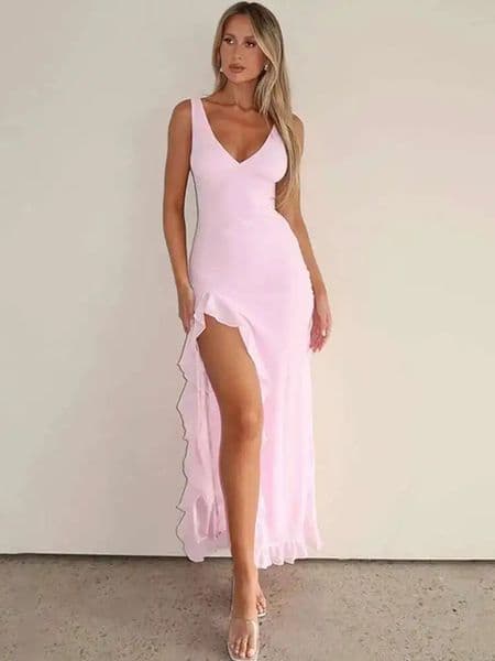 Avrilyaan Ruffle High Split Sexy Dress Women Robes Elegant Evening Summer Dress Backless Party Long Midi Dress Vestidos 250716BJ
