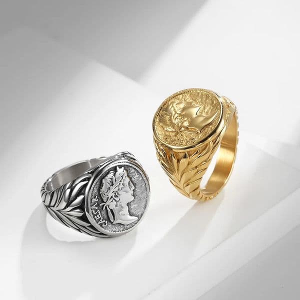 Stainless Steel Fashion Signet Knuckle Ring Retro Gold Color Coin Caesar Head Ring Hip Hop Jewelry Gift 250717