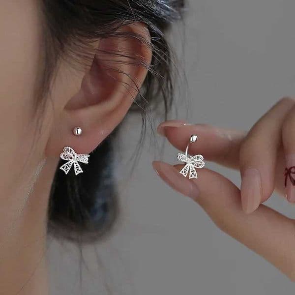 925 Sterling Silver Lace Heart Hollow Bow Screw Buckle Puncture Stud Earrings for Women Fine Jewelry Minimalist Accessories XJ250718