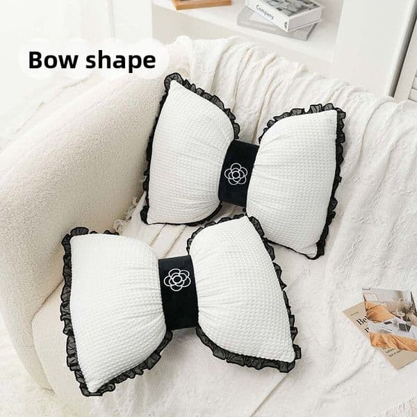 Lanjia- Decorative Waffle Bowknot Cushion: Lace Edge Camellia Lumbar Pillow For Living Room Support 1C005