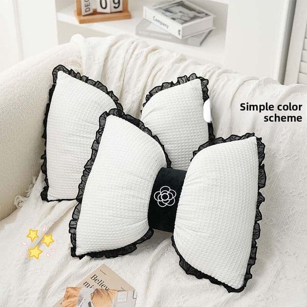 Decorative Waffle Bowknot Cushion: Lace Edge Camellia Lumbar Pillow For Living Room Support B2