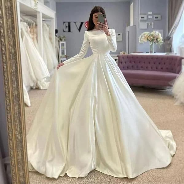 Custom Made Simple Satin Wedding Dresses For Woman bateau Dubai Bride A-LINE Long Sleeves O-neck covered buttons Pleat Vestido De Bridal Gowns Customized