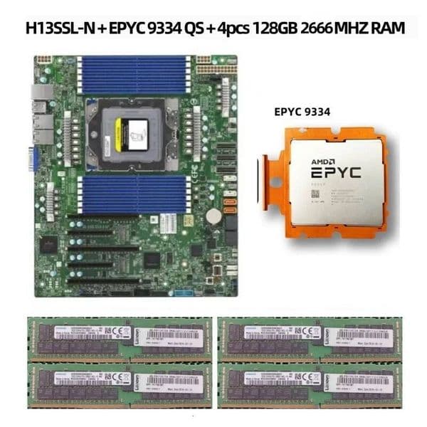 H13SSL-N Motherboard And EPYC 9334 QS CPU +SK DDR5 RAM 4*16GB 4800MHZ ECC HMCG78MEBRA113N RAM Server motherboard kit