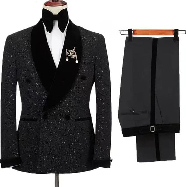 Men Suits 2 Pieces Shining Jacket With Black Pants Set Velvet Shawl Collar Wedding Groom Tuxedos Double Breasted Dress Costumes