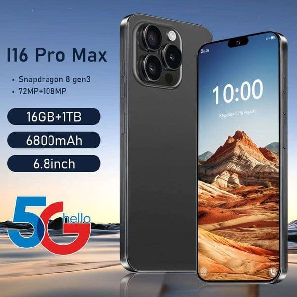 E-Books Cell I16 Pro Max Cellphones 5G Dual Sim Android14 Smartphone 6800Mah Case For 6.8Inch Mobile Phones 22Gb+2Tb