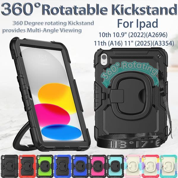 Case For iPad 10th 11th A16 Folding Handle Grip 360 Rotating Kickstand Armor Cover with Pencil Holder Shoulder Strap Rugged Shockproof Full Body Cases