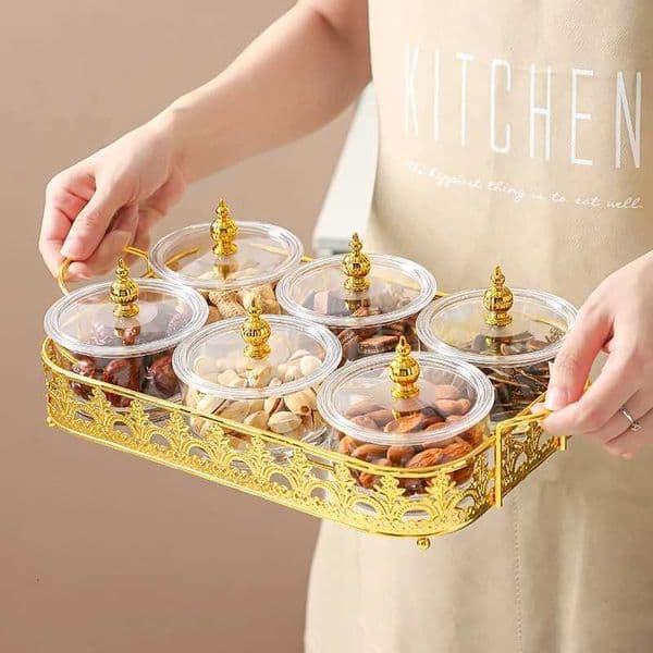 European Round Glass Fruit Plate Six-bar Dried Candy Snack Plate with Metal Hollowed-out Tray Glass Storage Tank Home Decoration X2507211