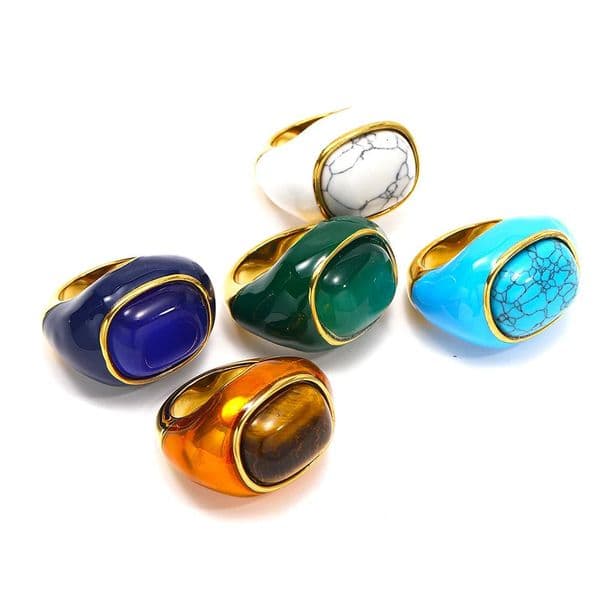 Punk Rock Stainless Steel Colored Enamel Inlaid with Natural Stone Round Finger Rings for Women Charm Jewelry 250716
