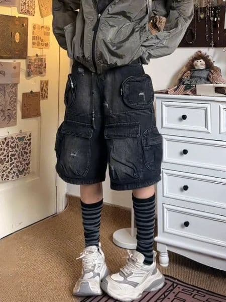 American street oversized washed vintage multi pocket women workwear denim shorts high waisted straight leg pants 250714BANJIA