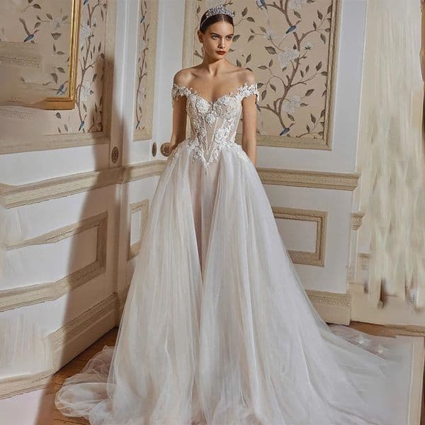 Elegant Appliques Tulle Sweetheart A-line Wedding Dresses For Women 3D-Floral Appliques Court Train Bride Gowns Custom Made Color/Size