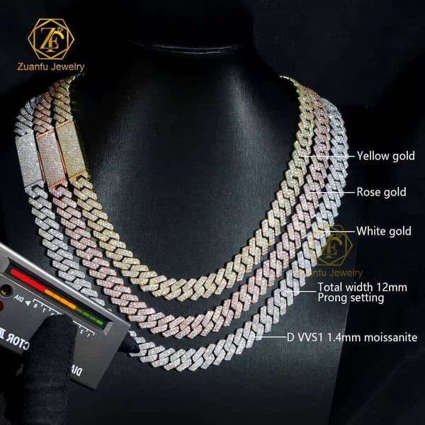 100% Pass Tester VVS Moissanite Dia 12mm 15mm Wide 2Rows Sterling Sier Cuban Link Chain for Rapper Hip Hop Necklace