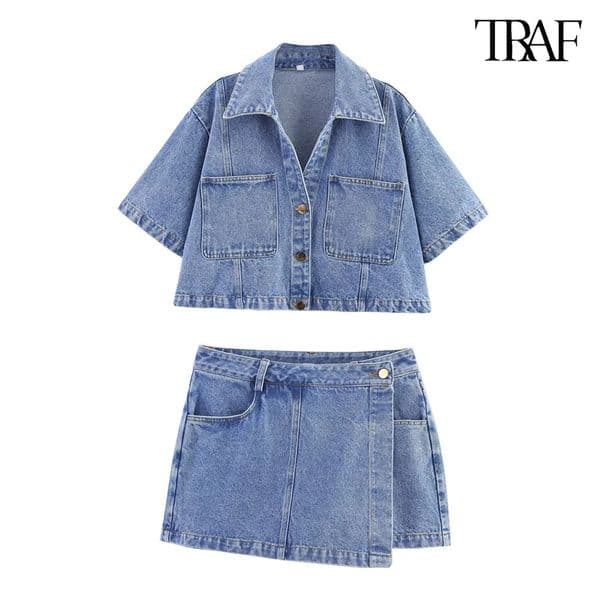 TRAF Womens Short Lapel Denim Shirt Irregular Fashion Skirt Pants Vintage Casual Suit High Street 250717BANJIA