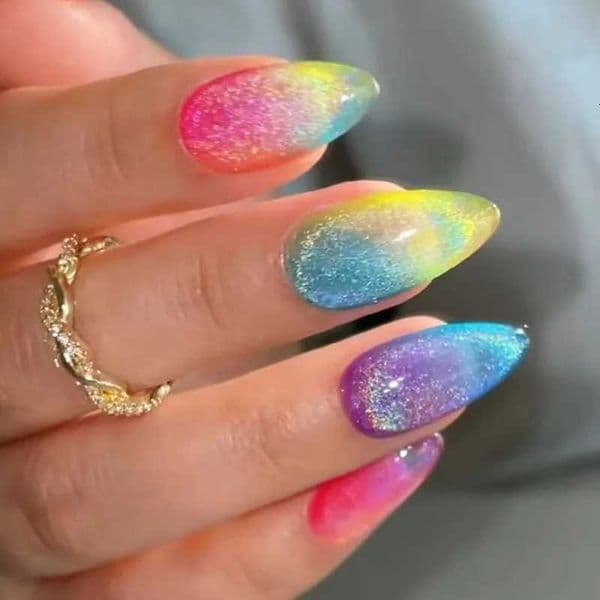 24Pcs Colorful Cats Eye False Nails Art Rainbow Design Full Cover Nail Tips Simple Long Almond Fake Nails Oval Press-on Nails W250722