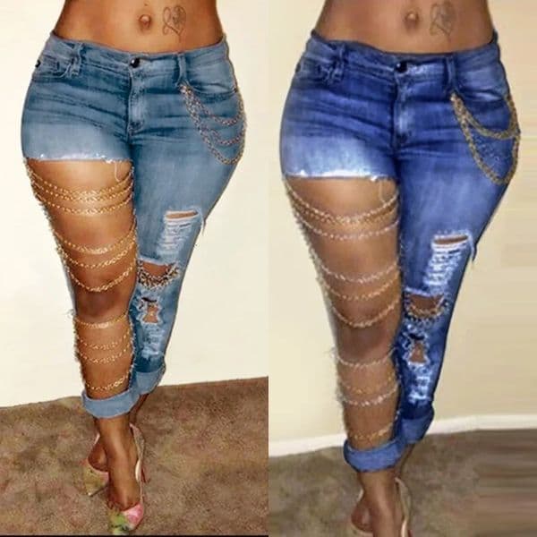 Women Jeans Pencil Pants Denim Sexy Big Holes Chain Washing Slim Pockets Streetwear Spring 2024 Slight Strech Solid Color 250714BANJIA