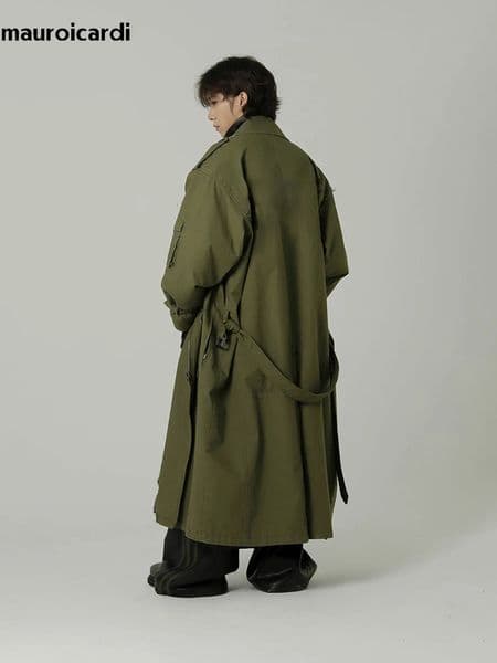 Mauroicardi Spring Autumn Cool Long Army Green Oversized Overcoat Men Sashes Loose er Clothing Cargo Coat 250714BJ