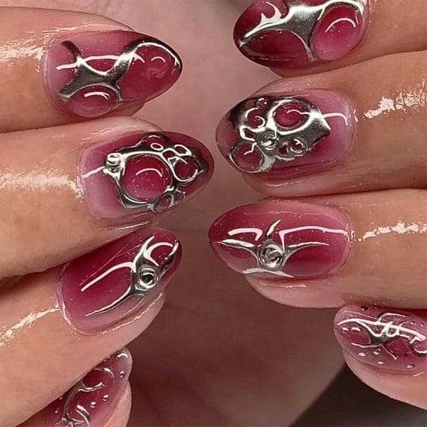 24Pcs Cyber Punk Style Almond False Nails Press on Pink Blush Full Cover Fake Nails 3D Ombre Wearable Acrylic Nail Manicure Tips W250722