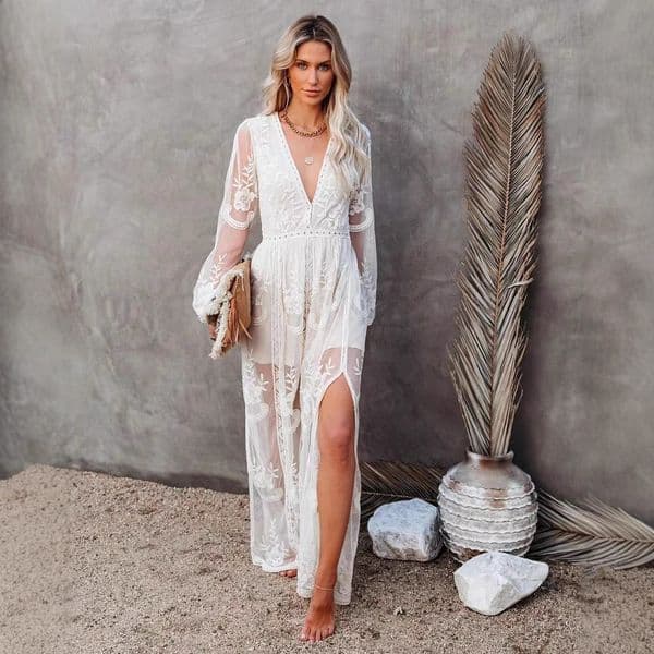 2022 spring and summer new womens lace long sleeve V-neck solid color Chiffon summer dress 210531