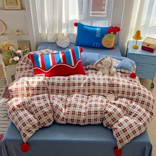4pcs Grid position bedding Set (1*Duvet Cover +1 flat sheet + 2*Pillowcases Wool ball decorative duvet cover pillowcases XJ250619