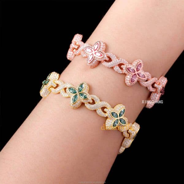New Arrival Trendy Men WomenJewelry Iced Out Sier Plated Moissanite Clover 12MM Infinity Link Bracelet Cuban Chain